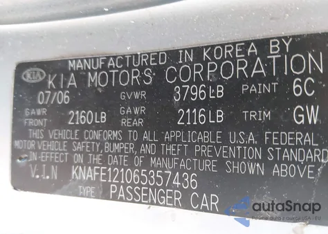 2006 Kia Spectra Ex/Lx/Sx from USA, damaged, VIN KNAFE121065357436
